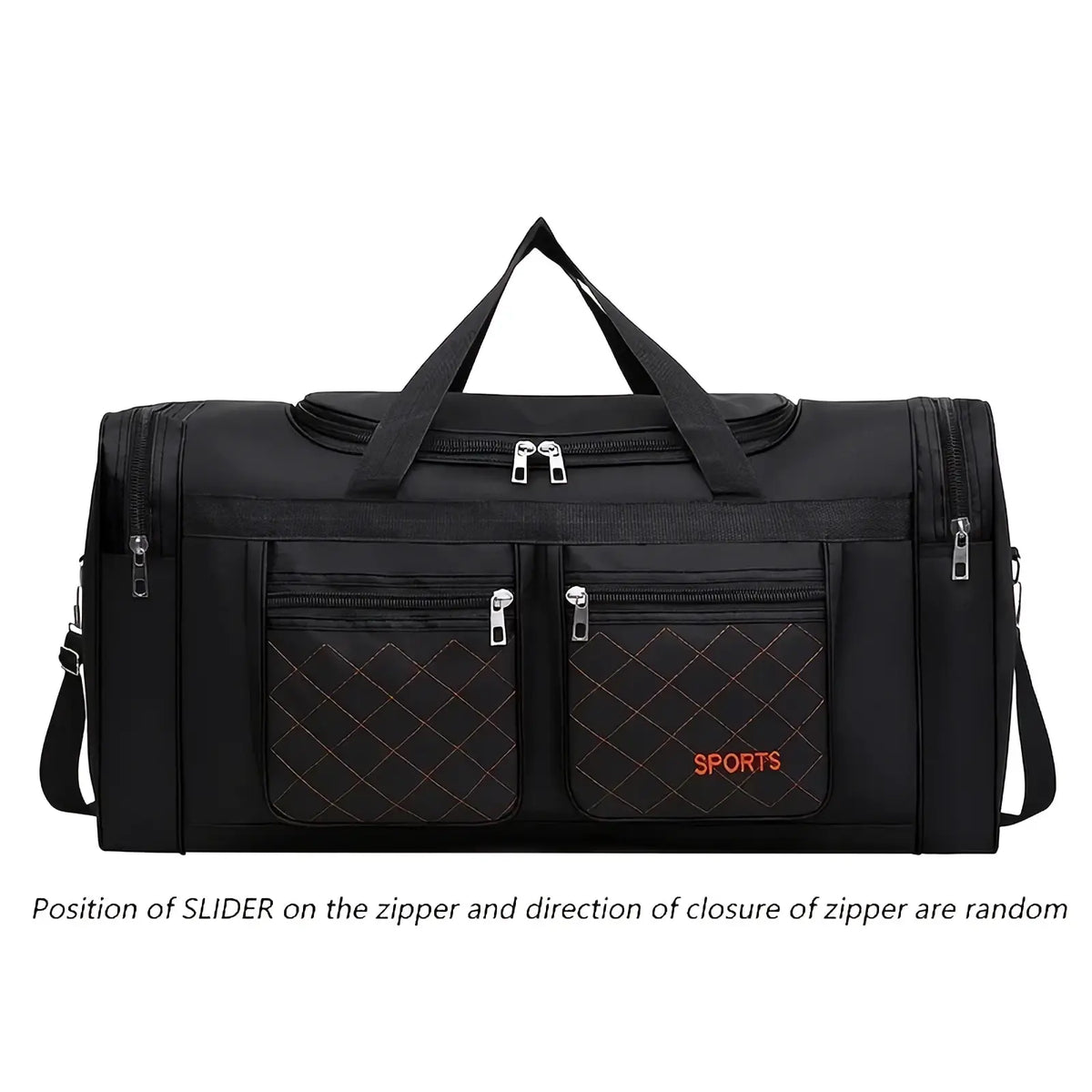 Black quilted travel duffel bag with large capacity and silver zippers for sports gym and luggage use