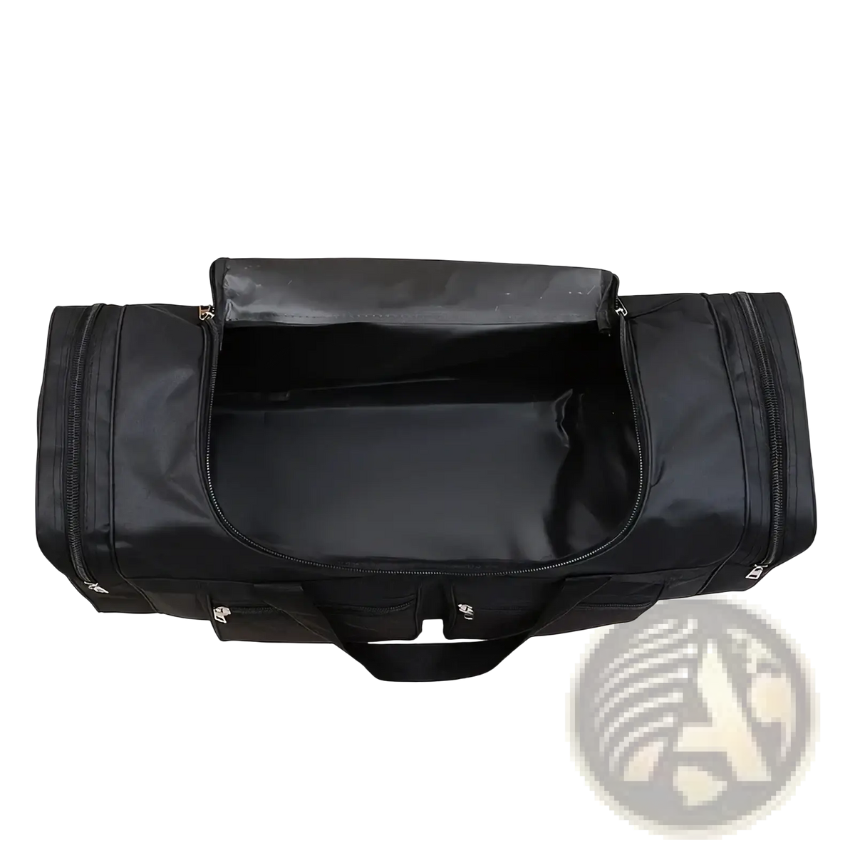 Black nylon quilted travel duffel bag with multiple zippers and top handle for sports gym or luggage use