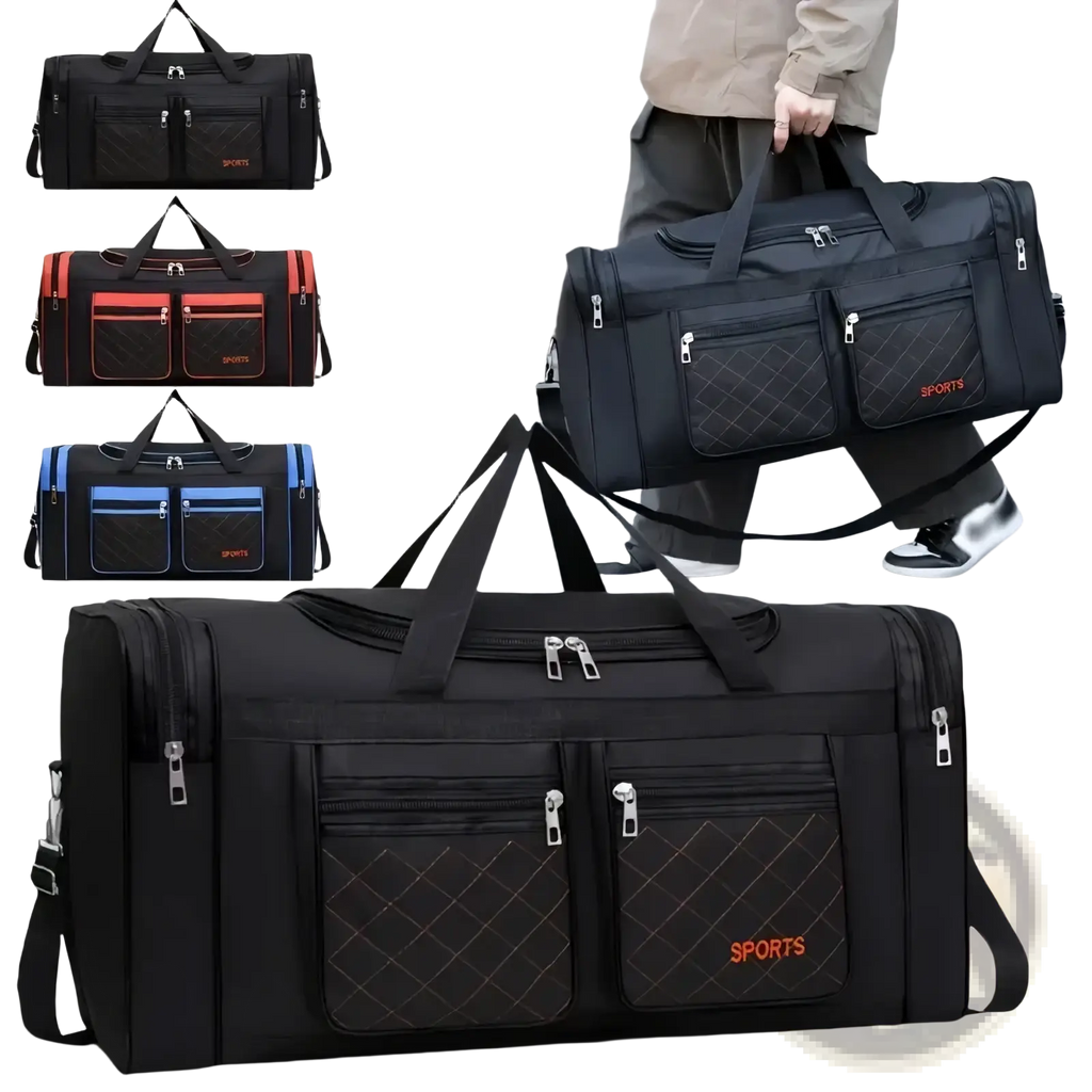 Black quilted travel duffel bag with large capacity and orange sports branding for gym and luggage use