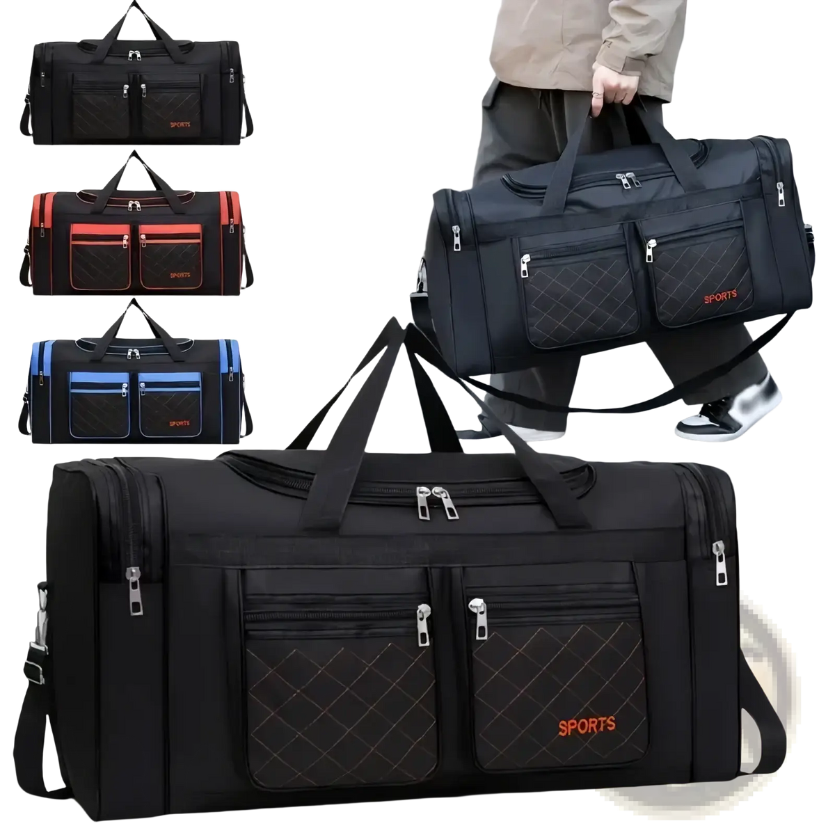 Black quilted travel duffel bag with large capacity and orange sports branding for gym and luggage use