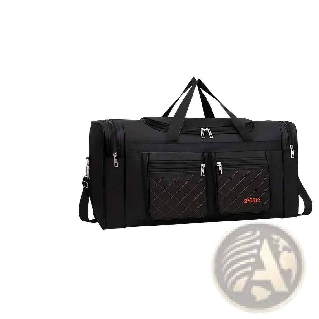 Black quilted travel duffel bag with large capacity front pockets and red sports branding for gym use