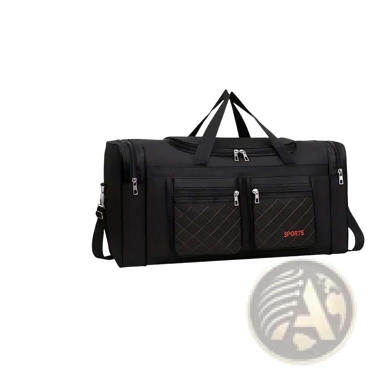Black quilted travel duffel bag with large capacity front pockets and red sports branding for gym use