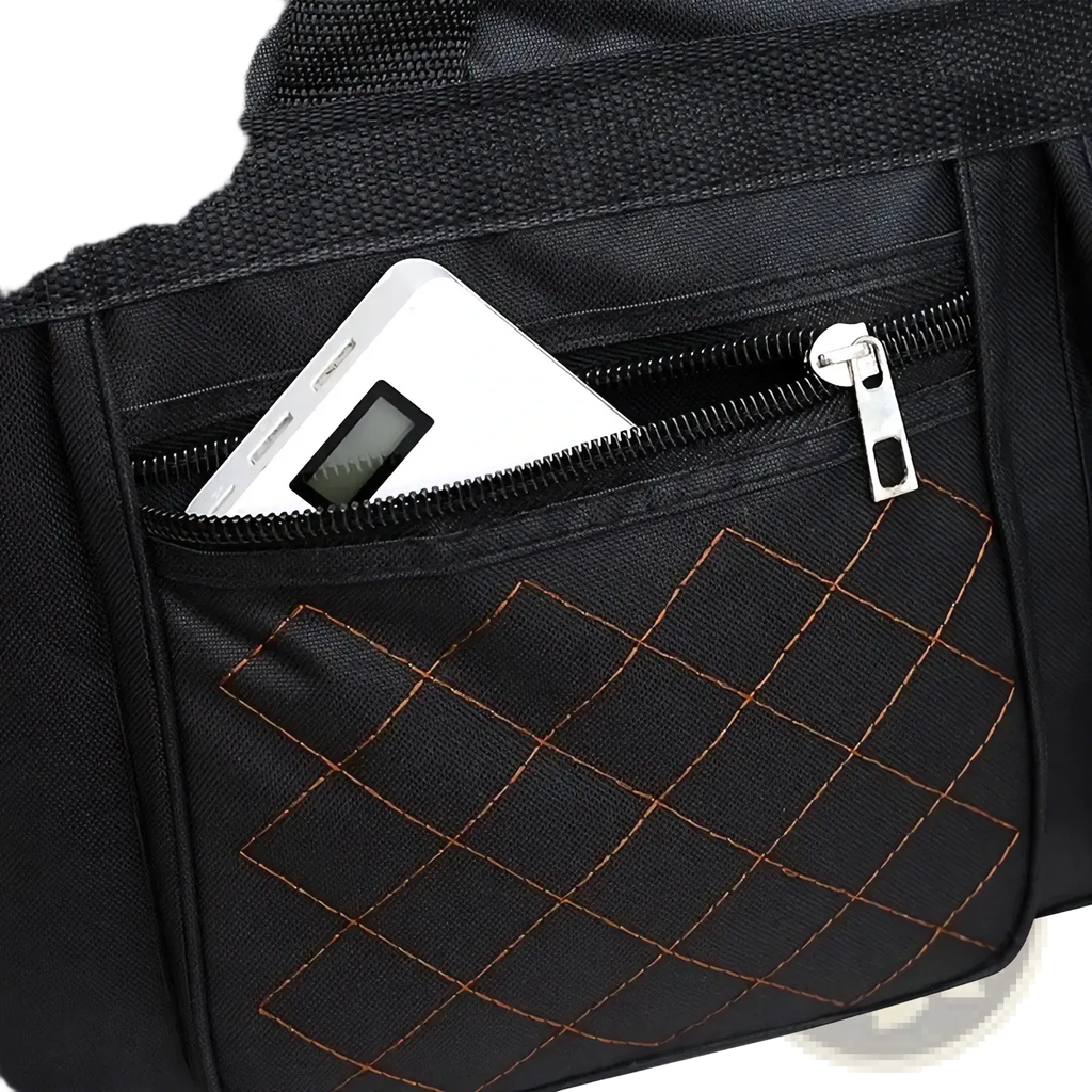 Black quilted travel duffel bag with large capacity brown diamond stitching silver zipper and white portable charger