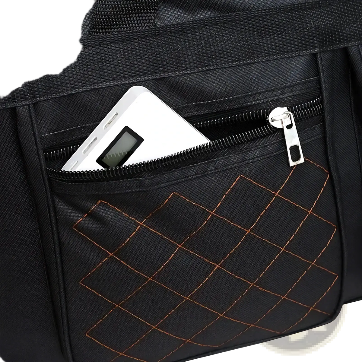 Black quilted travel duffel bag with large capacity brown diamond stitching silver zipper and white portable charger