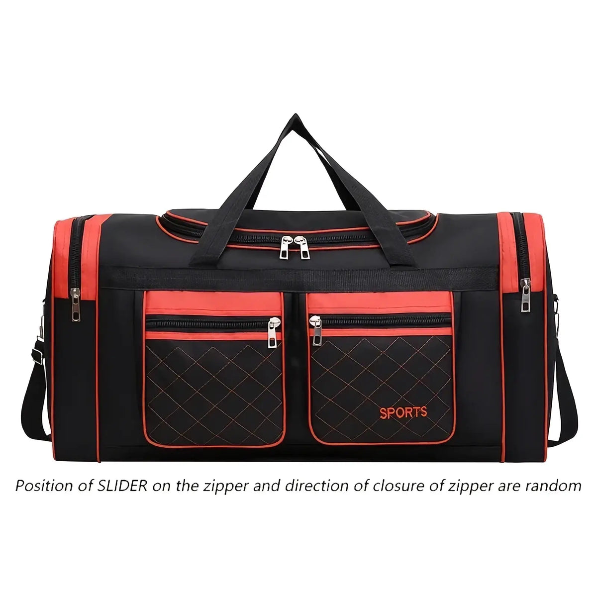 Black and orange quilted travel duffel bag with front pockets and shoulder strap for sports gym use