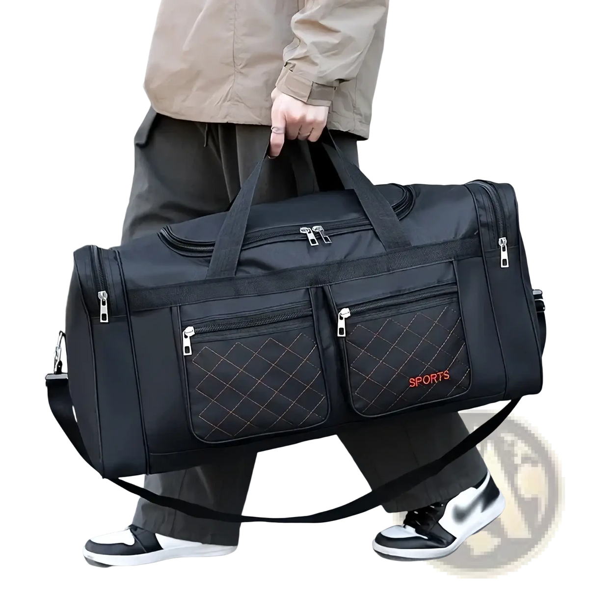 Black quilted travel duffel bag with large capacity front pockets and orange sports branding for gym and luggage use