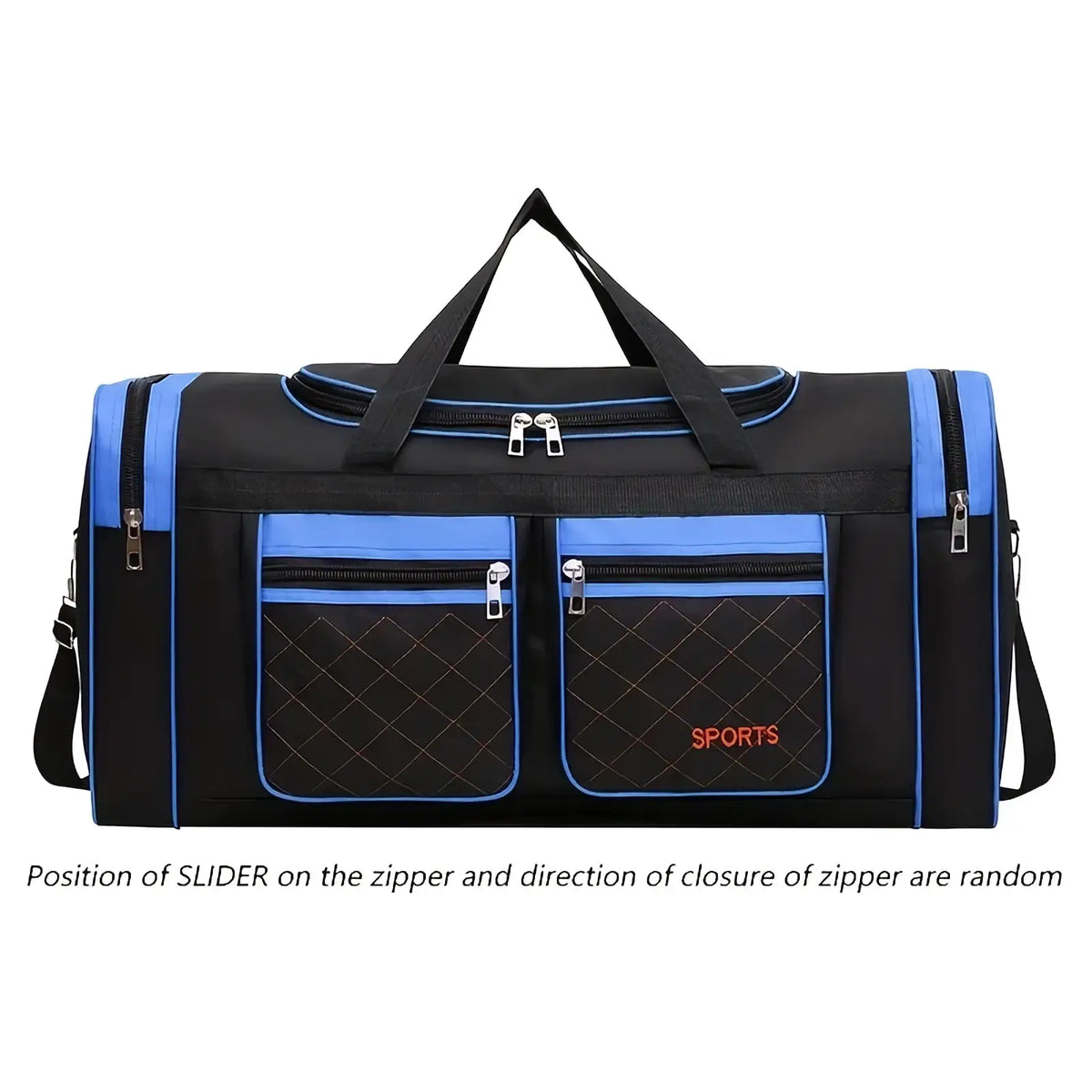 Black and blue quilted travel duffel bag with large capacity and orange sports branding for gym and luggage use