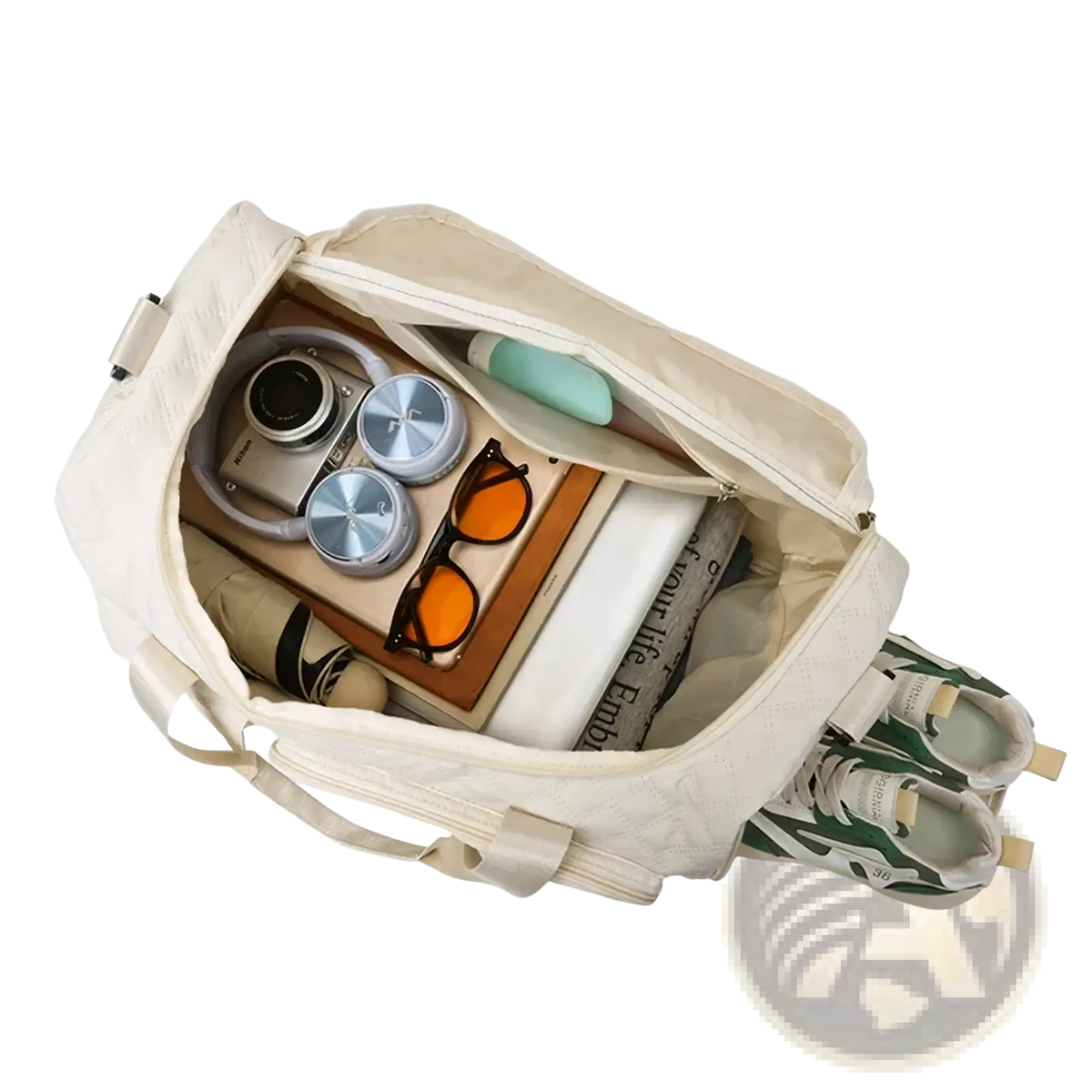 Beige quilted canvas duffel bag with reinforced handles and zipper closure showing spacious interior with travel essentials