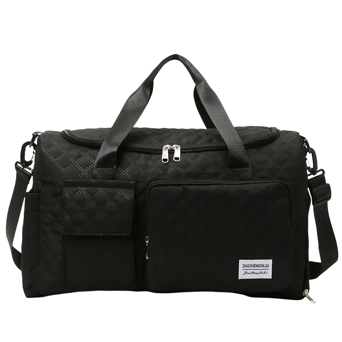 Black quilted travel duffel bag with multiple zippers and detachable shoulder strap large waterproof tote