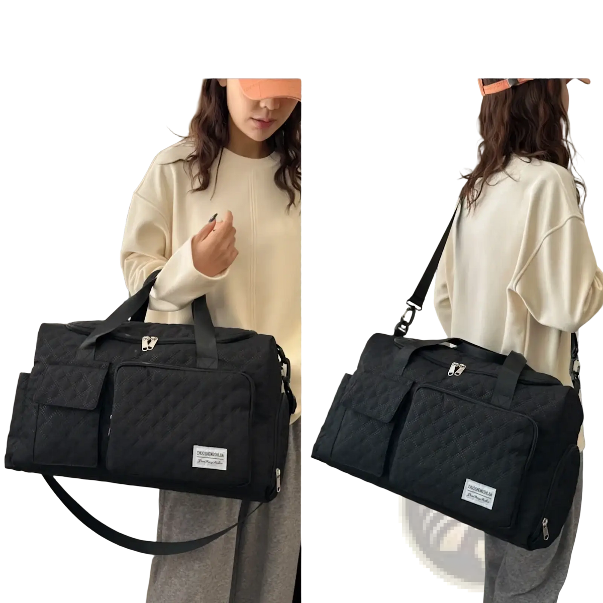 Black quilted waterproof fabric duffel bag with adjustable shoulder strap and front pockets for travel use