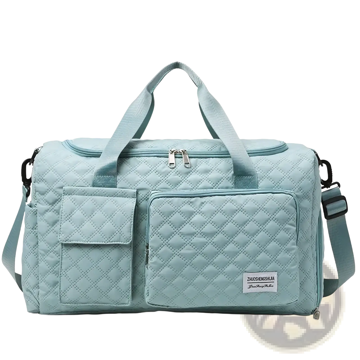 Light blue quilted large waterproof travel duffel bag with two front pockets and adjustable shoulder strap