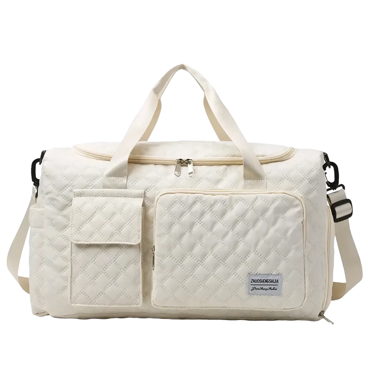 Cream-colored quilted travel duffel bag with two front pockets and adjustable shoulder strap large waterproof tote