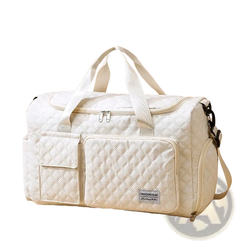 Cream-colored quilted large waterproof tote duffel bag with structured design and dual top handles for travel