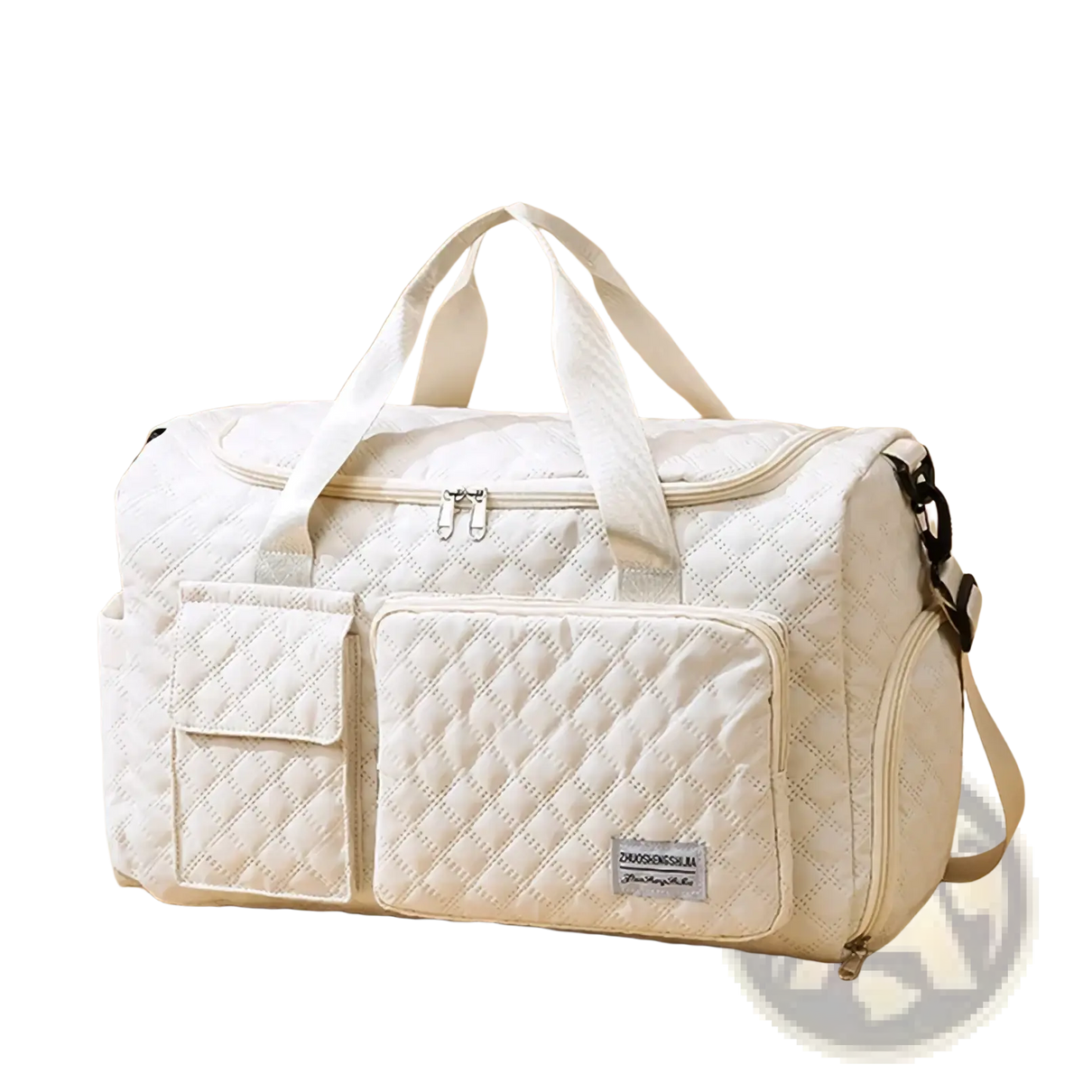 Cream-colored quilted large waterproof tote duffel bag with structured design and dual top handles for travel