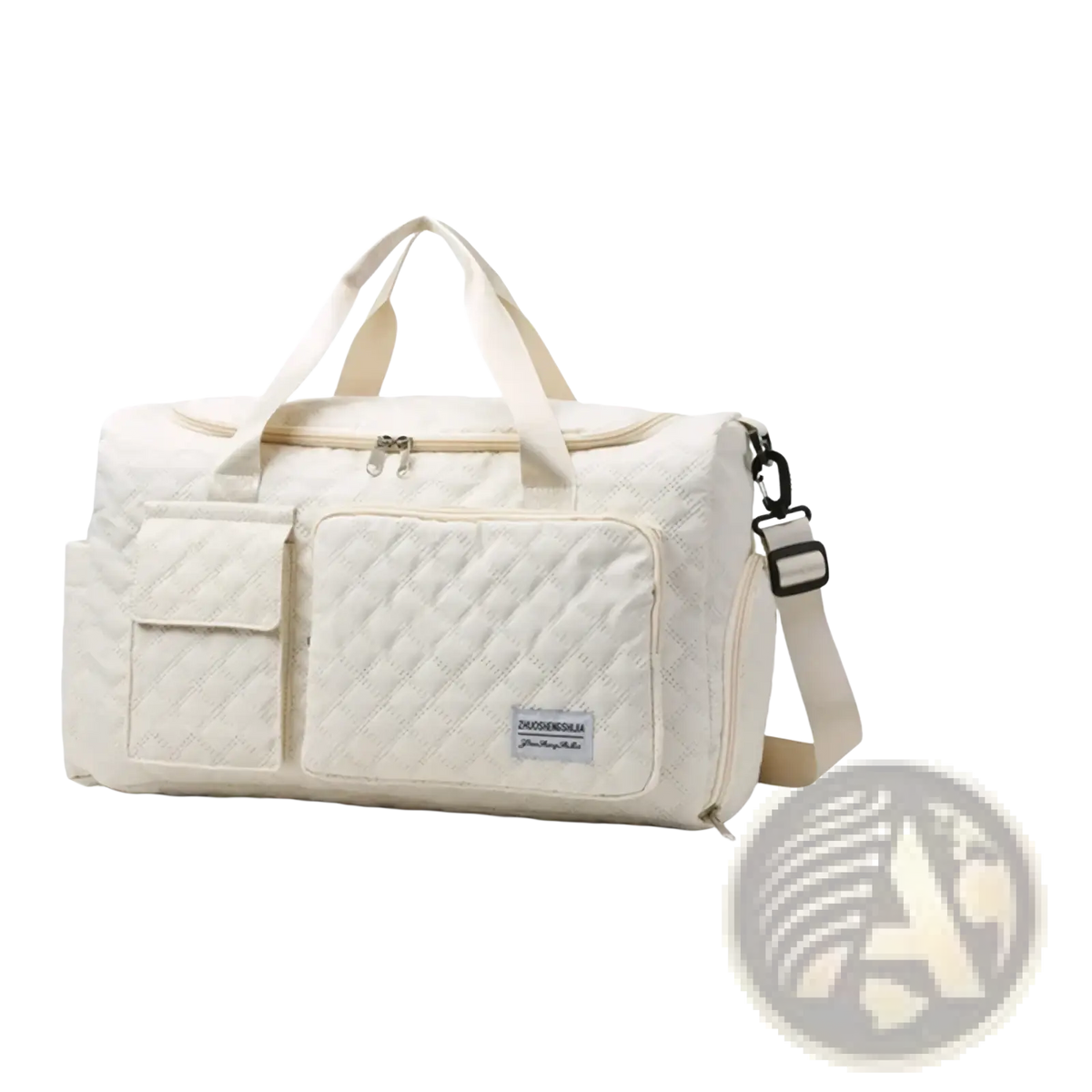 Cream-colored quilted travel duffel bag with front pocket and adjustable shoulder strap large waterproof tote