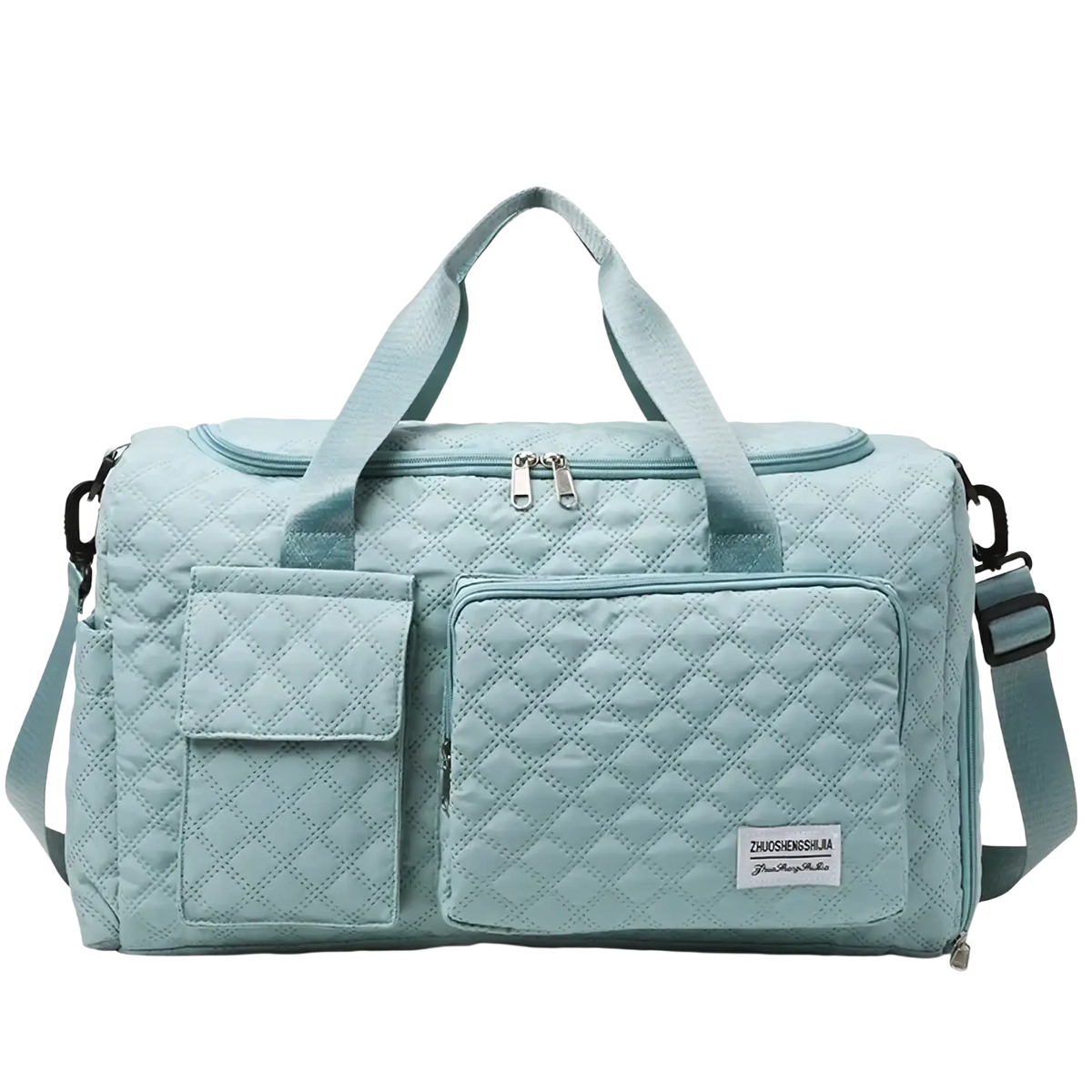 Light blue quilted large waterproof travel duffel bag with two front pockets and adjustable shoulder strap