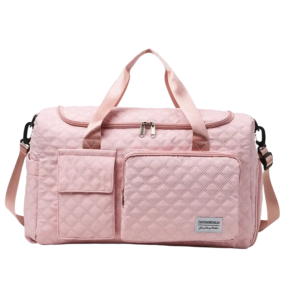 Pink quilted travel duffel bag large waterproof tote with two front pockets and adjustable shoulder strap