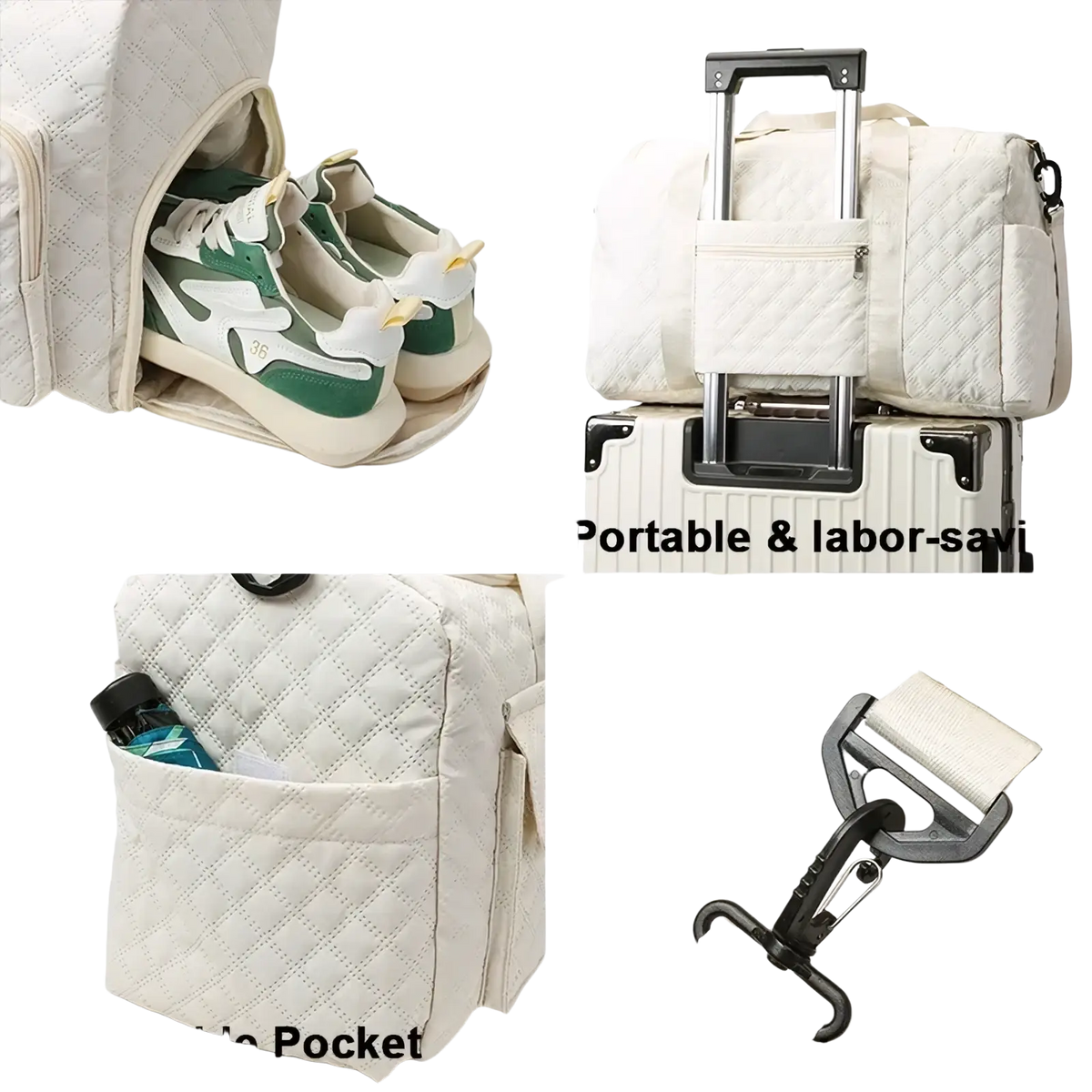 White quilted travel duffel bag with retractable handle and removable strap large waterproof tote