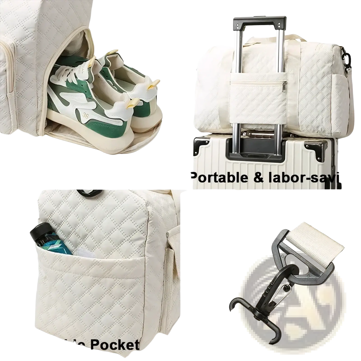 White quilted travel duffel bag with retractable handle and removable strap large waterproof tote