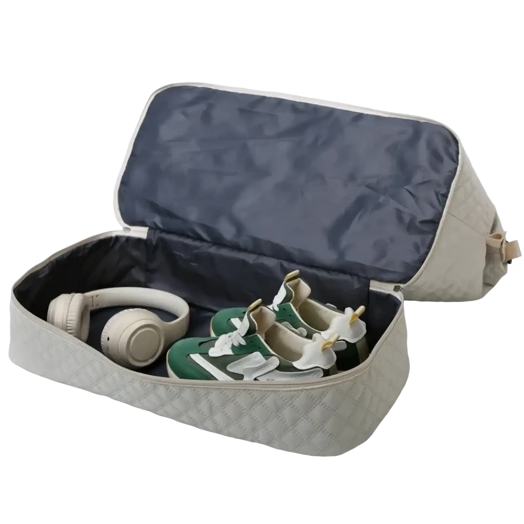 Beige quilted travel duffel bag large weekender tote with dark blue interior shoe organizer pouch
