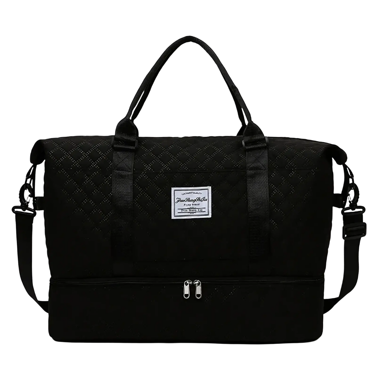 Black quilted travel duffel bag with white label patch and adjustable shoulder strap large weekender tote