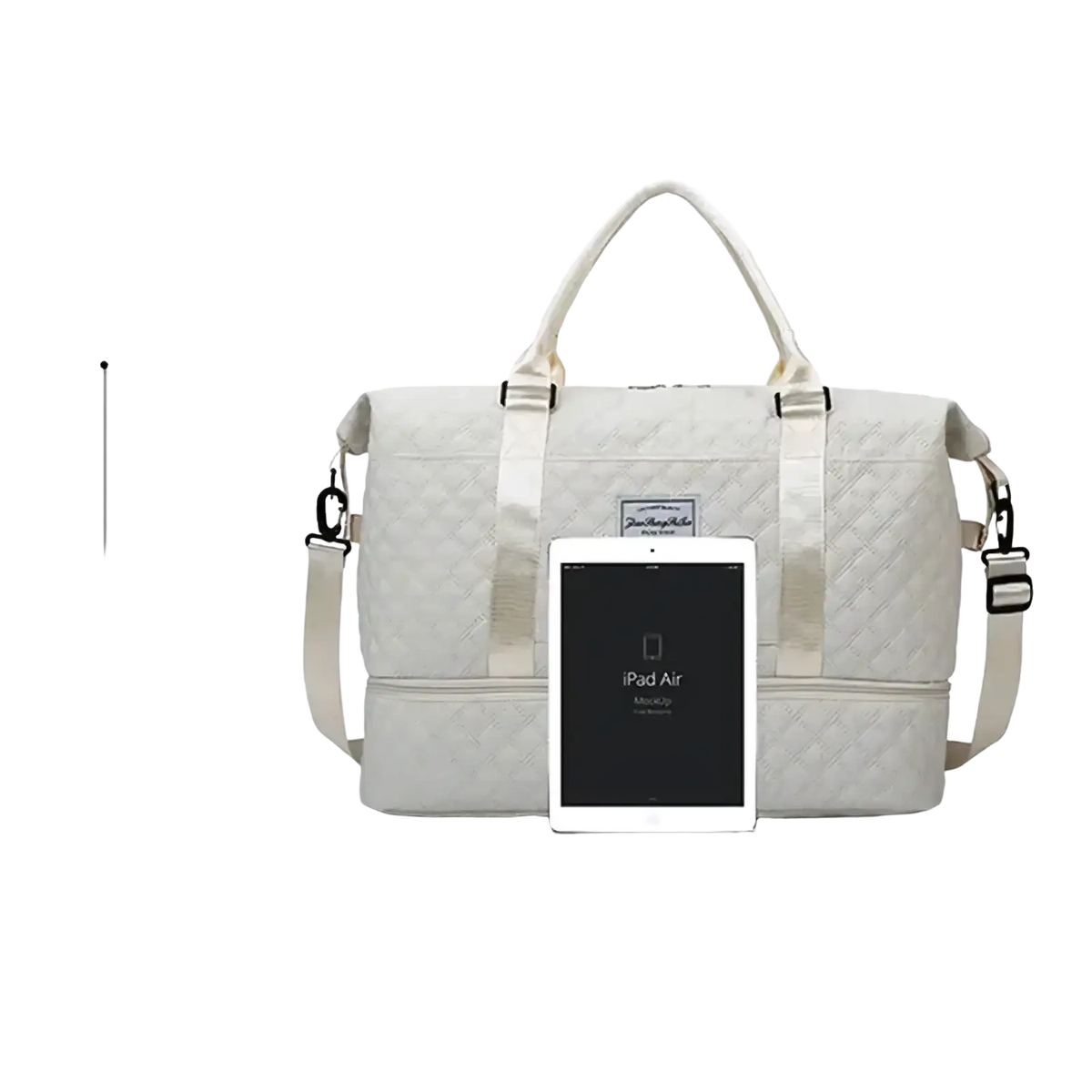 Cream-colored quilted large travel duffel bag with adjustable shoulder strap and top handles for weekender use