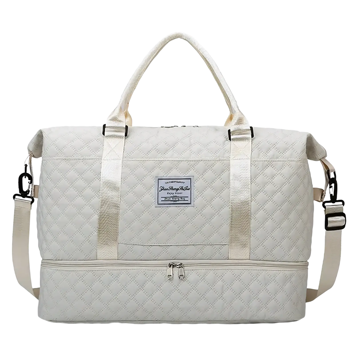 Cream-colored quilted large travel duffel bag with silver-toned hardware and front patch label for weekender use