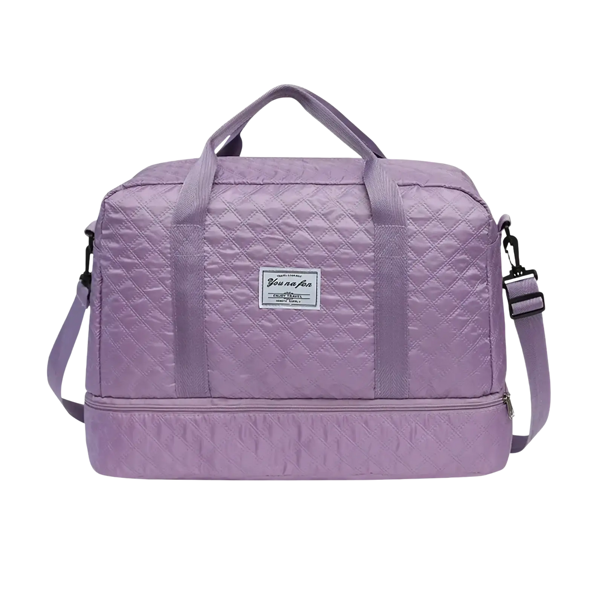 Lavender quilted travel duffel bag with top handle and adjustable shoulder strap large weekender tote