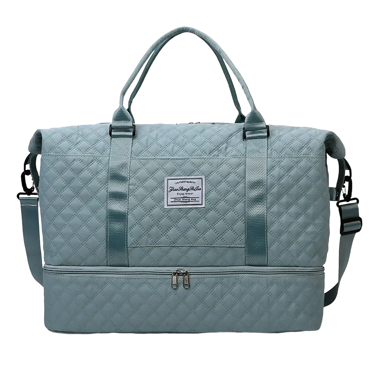 Light blue quilted travel duffel bag with adjustable shoulder strap and top handles for large weekender use