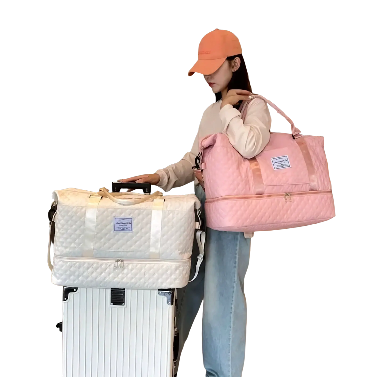 Pink quilted travel duffel bag with front pocket and adjustable shoulder strap large weekender tote