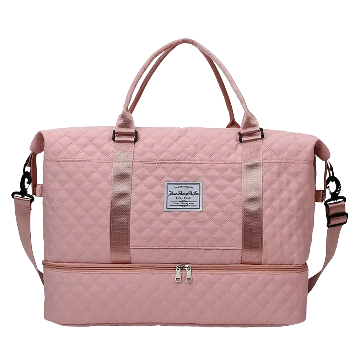 Pink quilted travel duffel bag with matching shoulder straps and front zipper compartment for large weekender use