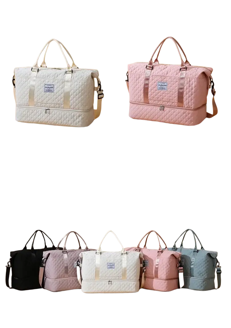 Quilted travel duffel bag large weekender tote in two-tone pastel colors with matching handles and adjustable shoulder strap