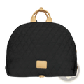 Black quilted travel pet carrier bag with tan leather handles and matching rectangular leather patch