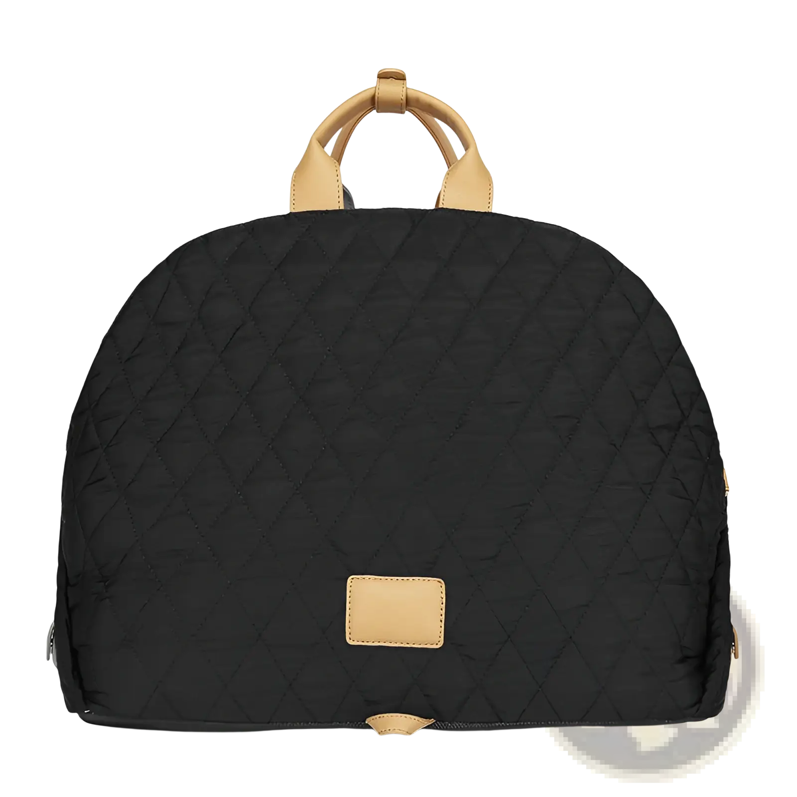 Black quilted travel pet carrier bag with tan leather handles and matching rectangular leather patch