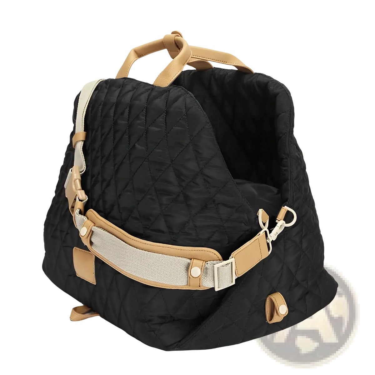 Black quilted travel pet carrier bag with tan leather handles and straps designed for comfortable pet transport
