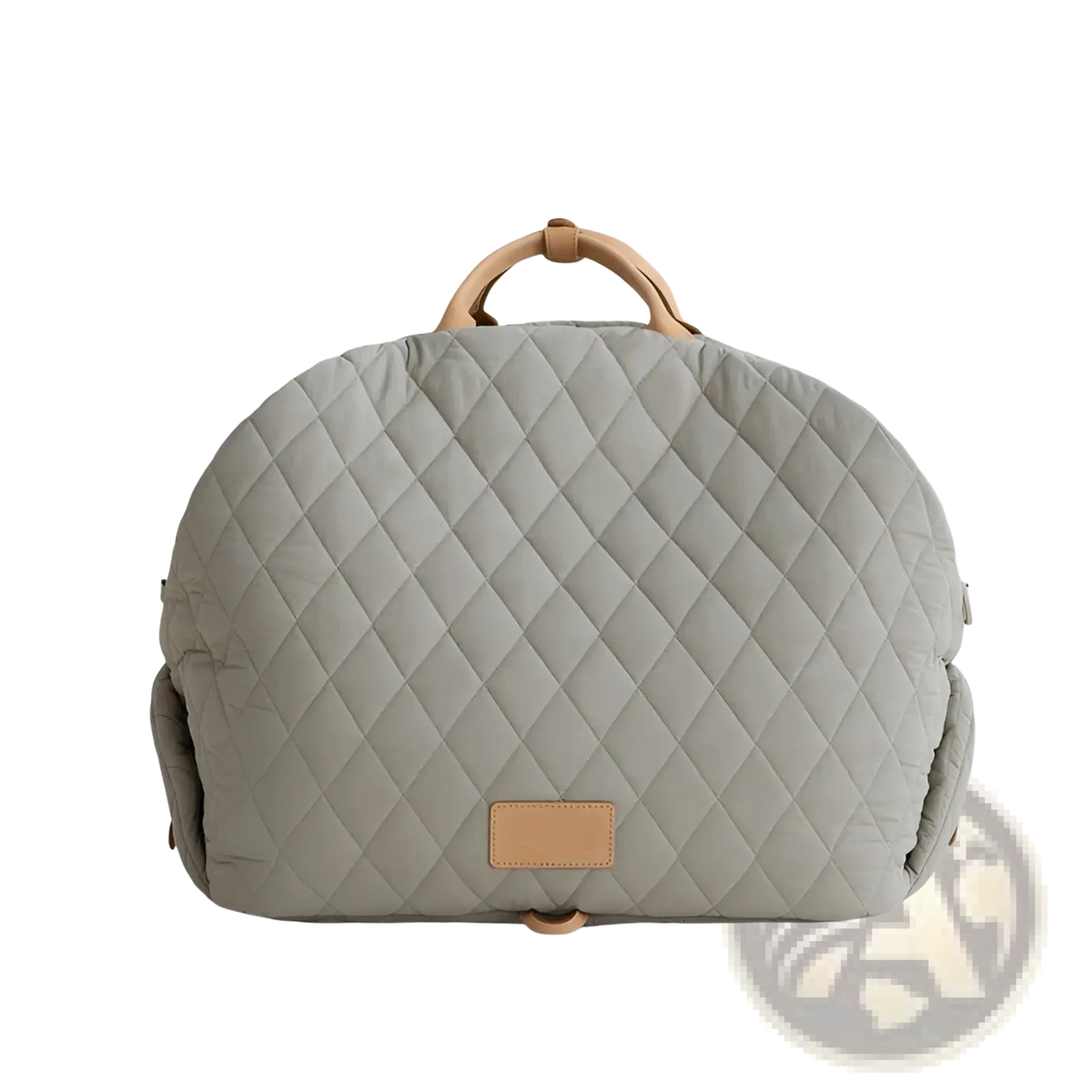 Gray quilted travel pet carrier bag with tan leather handles and matching leather patch for stylish portability