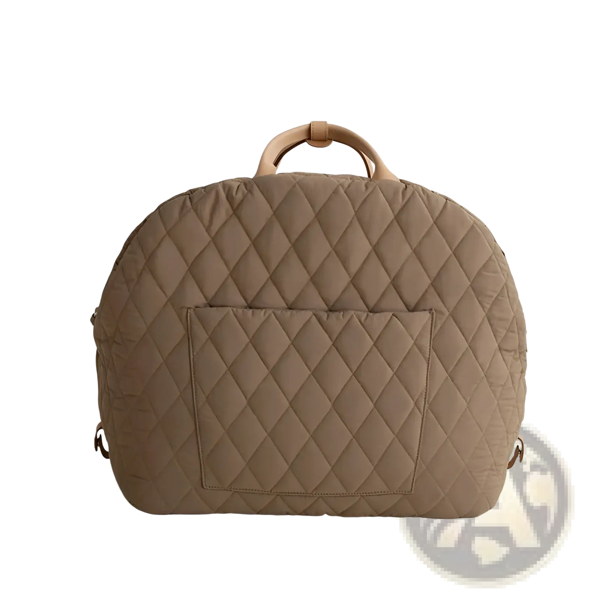 Beige quilted travel pet carrier bag with diamond-stitched pattern and tan leather handles made of durable fabric