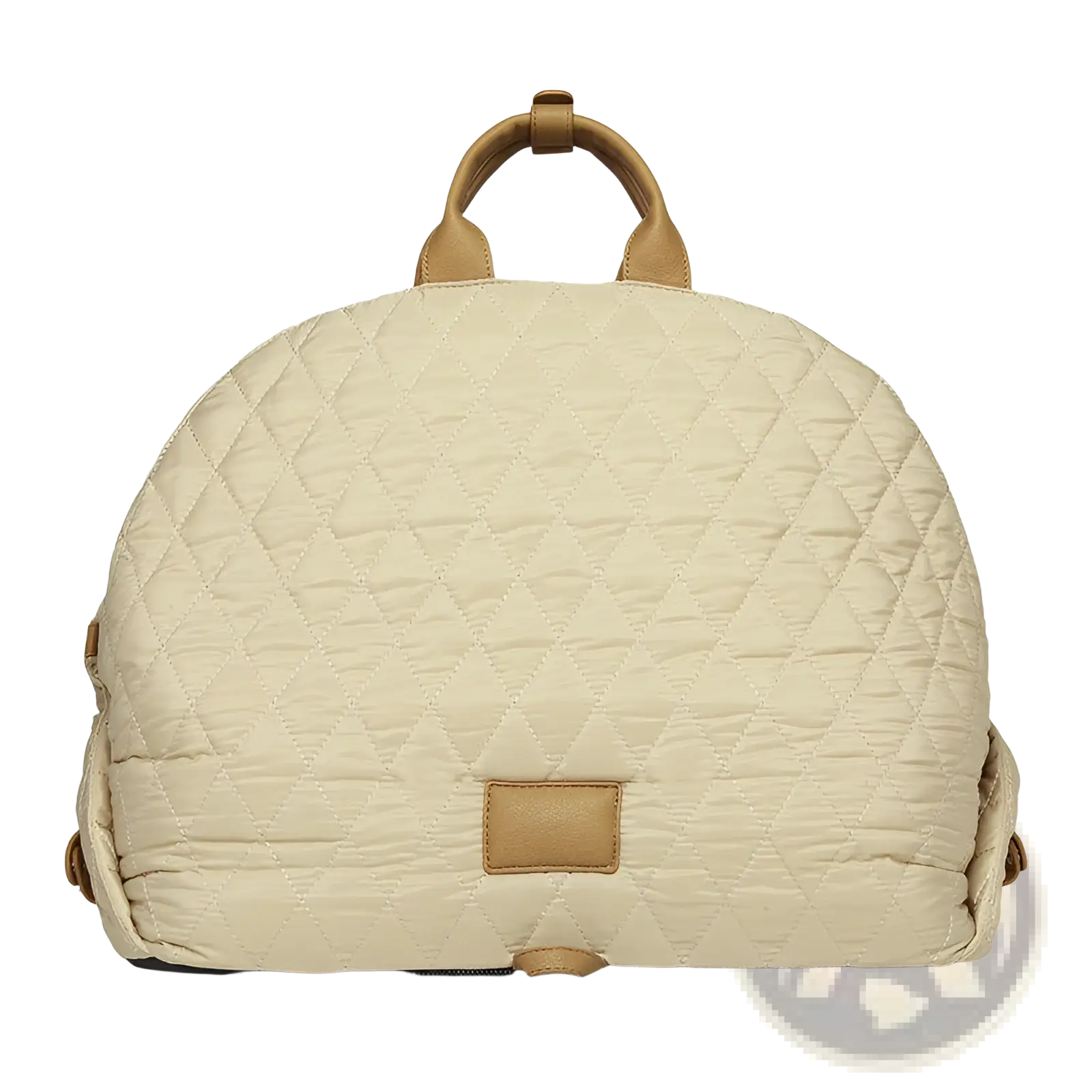 Beige quilted travel pet carrier bag with tan leather handles and matching rectangular patch for easy carrying