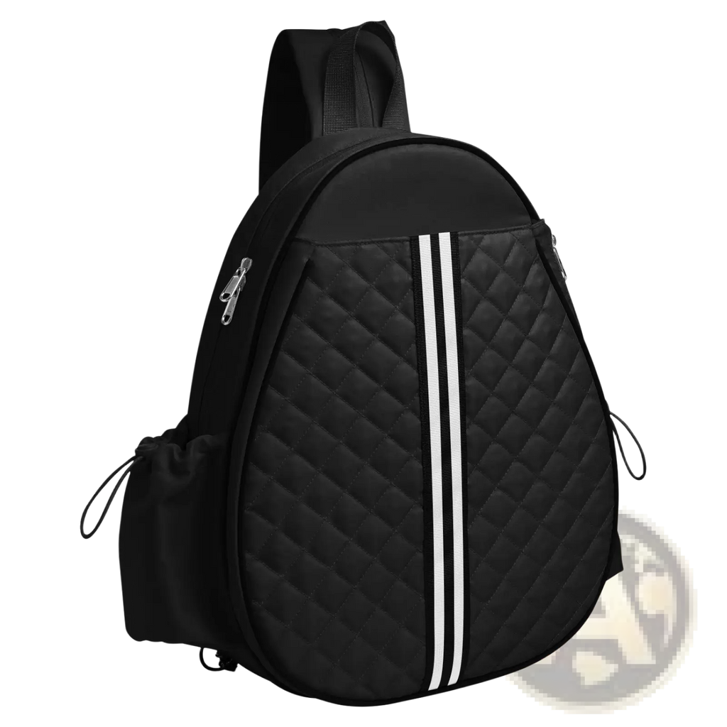 Black quilted waterproof pickleball sling bag with two vertical white stripes and wet pocket for sports use