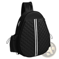 Black quilted waterproof pickleball sling bag with two vertical white stripes and wet pocket for sports use