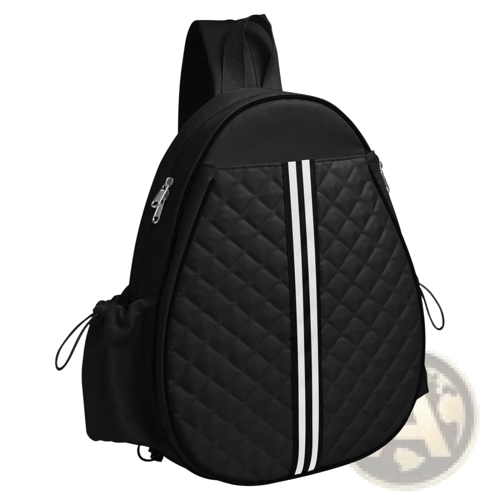 Black quilted waterproof pickleball sling bag with two vertical white stripes and wet pocket for sports use