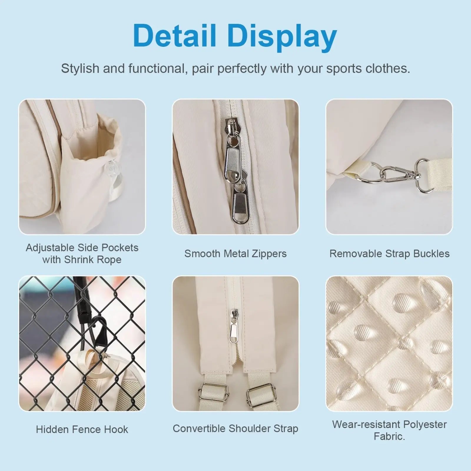 Cream-colored quilted waterproof pickleball sling bag with polyester fabric smooth metal zippers and removable strap buckles