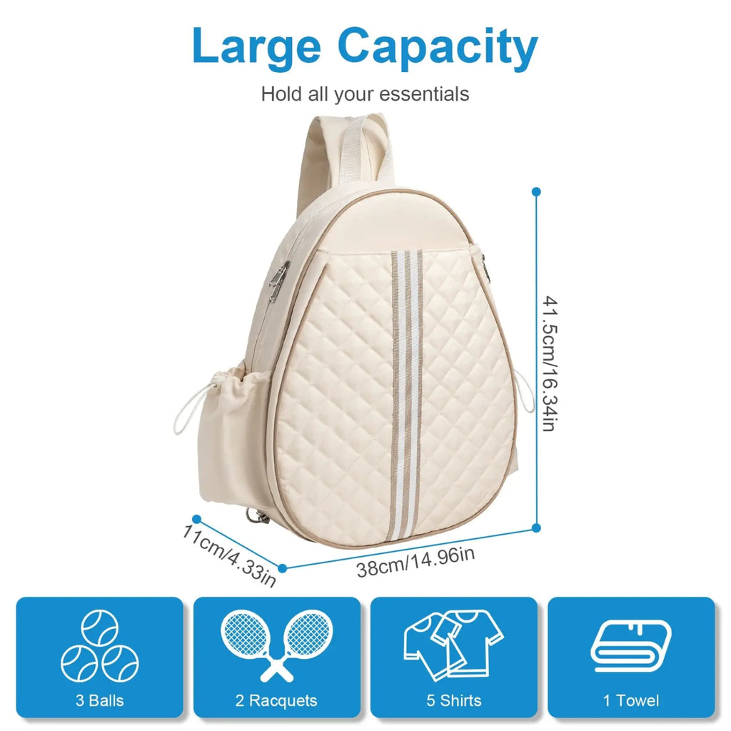 Cream-colored quilted waterproof pickleball sling bag with silver zipper accents and a side wet pocket