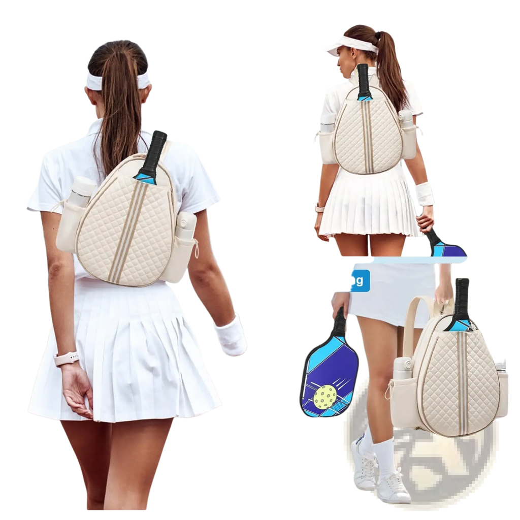Beige quilted waterproof pickleball sling bag with black and blue accents shaped like a tennis racket