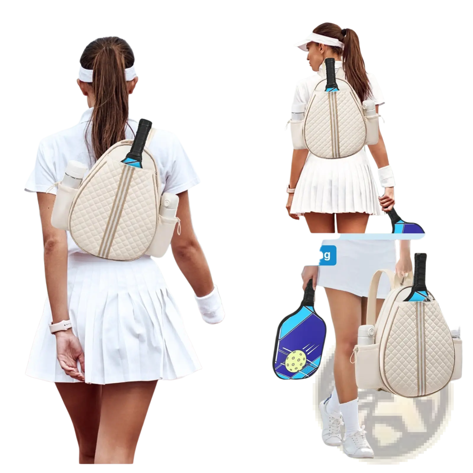 Beige quilted waterproof pickleball sling bag with black and blue accents shaped like a tennis racket