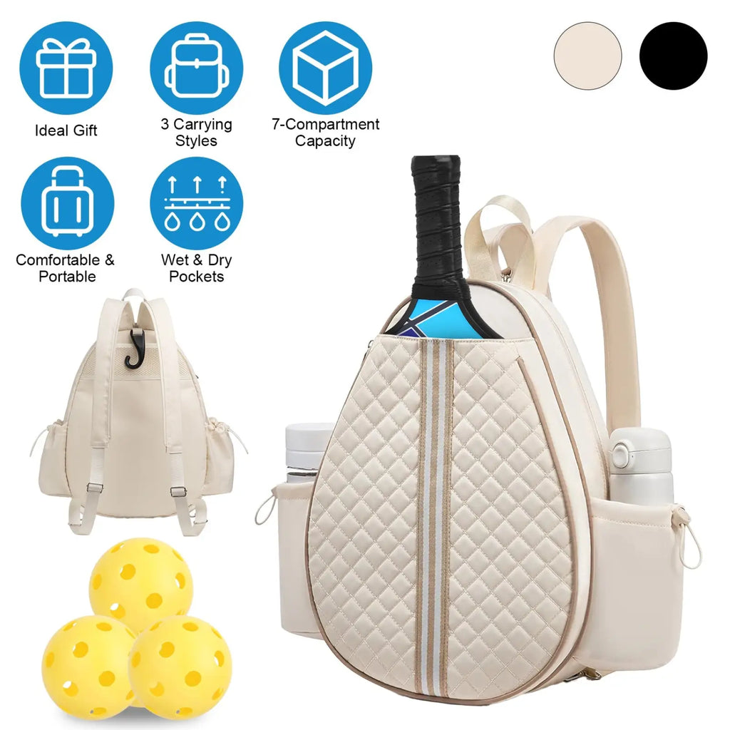 Beige quilted waterproof pickleball sling bag with two vertical stripes and side wet pockets shown from the back side