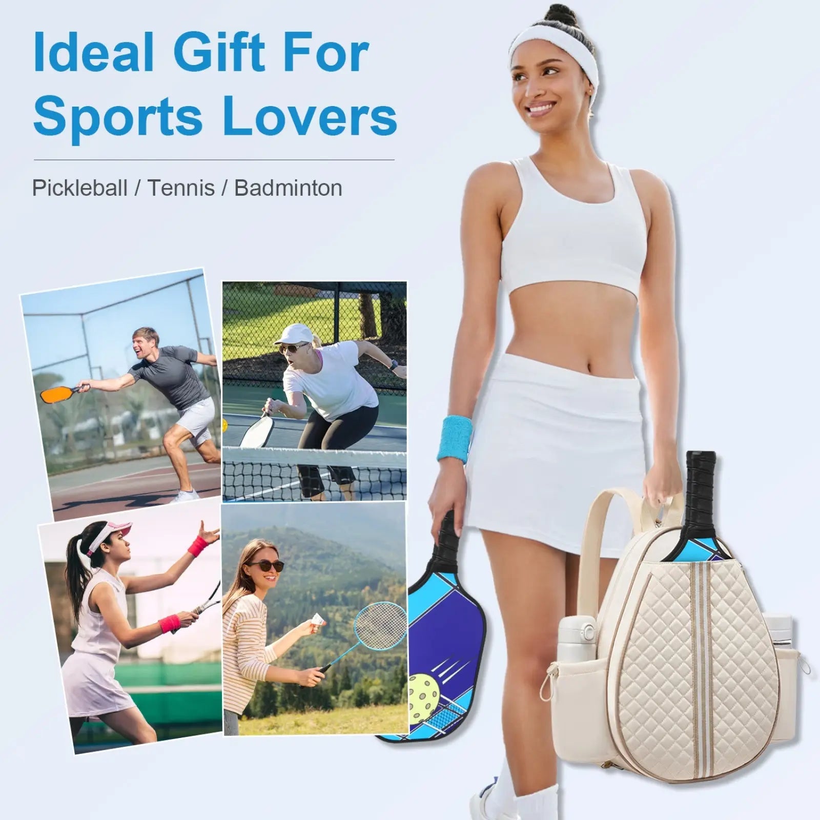 Beige quilted waterproof pickleball sling bag with wet pocket and blue and black pickleball paddle insert visible