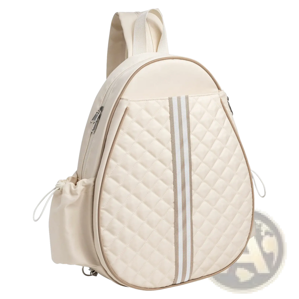 Cream-colored quilted waterproof pickleball sling bag with two vertical striped accents and wet pocket for convenience