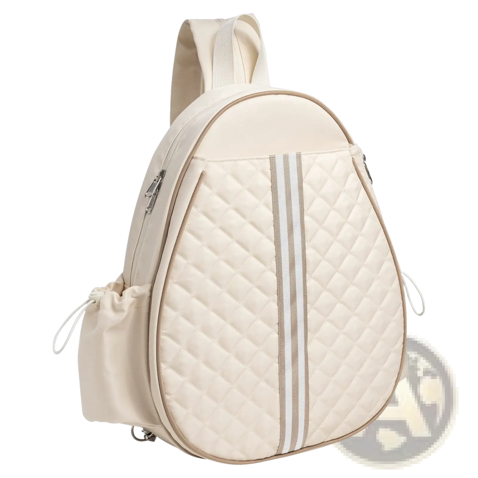 Cream-colored quilted waterproof pickleball sling bag with two vertical striped accents and wet pocket for convenience