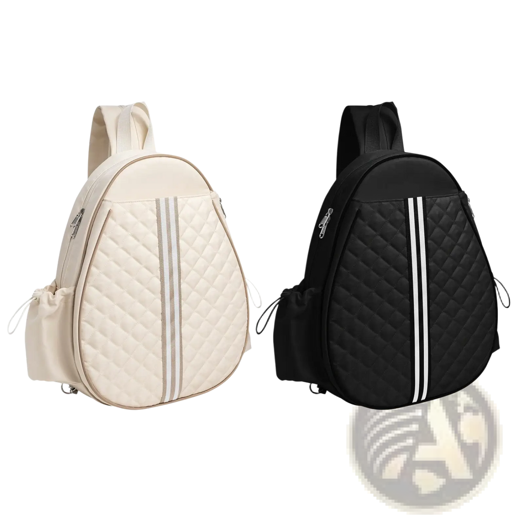 Cream and black quilted waterproof pickleball sling bags with contrasting vertical stripes and wet pocket